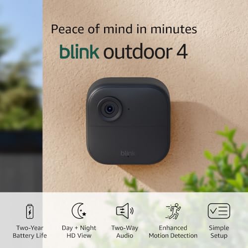 Blink Outdoor 4 (newest model) – Wireless smart security camera, two-year battery life, 1080p HD day and infrared night live view, two-way talk. Sync Module Core included – 3 camera system