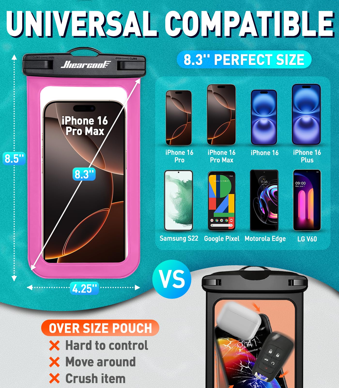 Hiearcool Waterproof Phone Pouch, Waterproof Phone Case for iPhone 16 15 14 13 Pro Max, IPX8 Cellphone Dry Bag Beach Cruise Ship Essentials 2Pack-8.3"