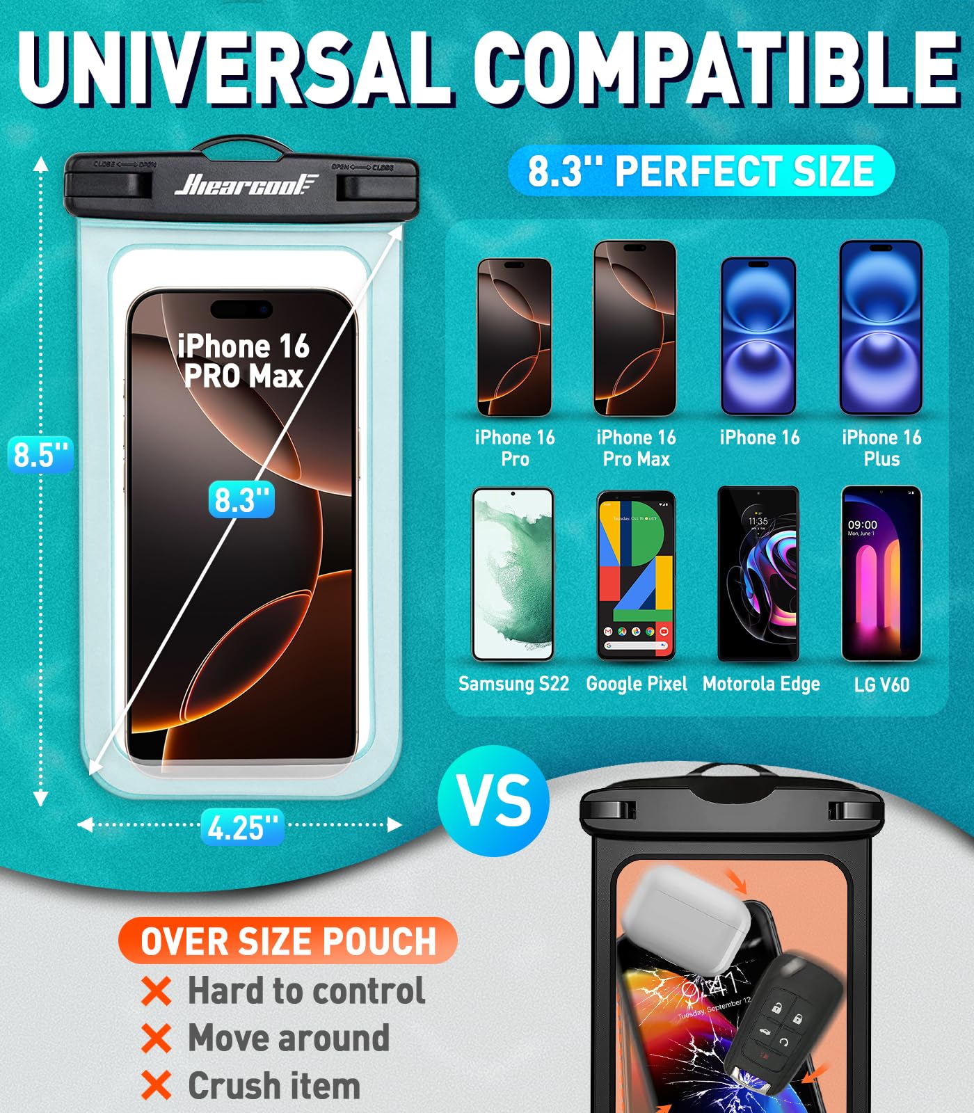 Hiearcool Waterproof Phone Pouch, Waterproof Phone Case for iPhone 16 15 14 13 Pro Max, IPX8 Cellphone Dry Bag Beach Cruise Ship Essentials 2Pack-8.3"