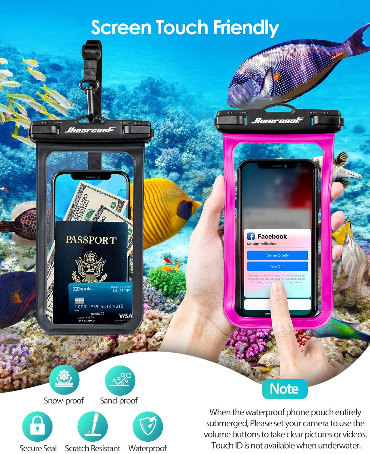 Hiearcool Waterproof Phone Pouch, Waterproof Phone Case for iPhone 16 15 14 13 Pro Max, IPX8 Cellphone Dry Bag Beach Cruise Ship Essentials 2Pack-8.3"