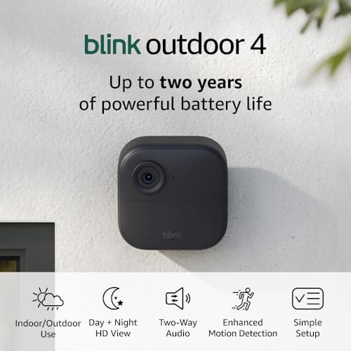 Blink Outdoor 4 (newest model) – Wireless smart security camera, two-year battery life, 1080p HD day and infrared night live view, two-way talk. Sync Module Core included – 3 camera system