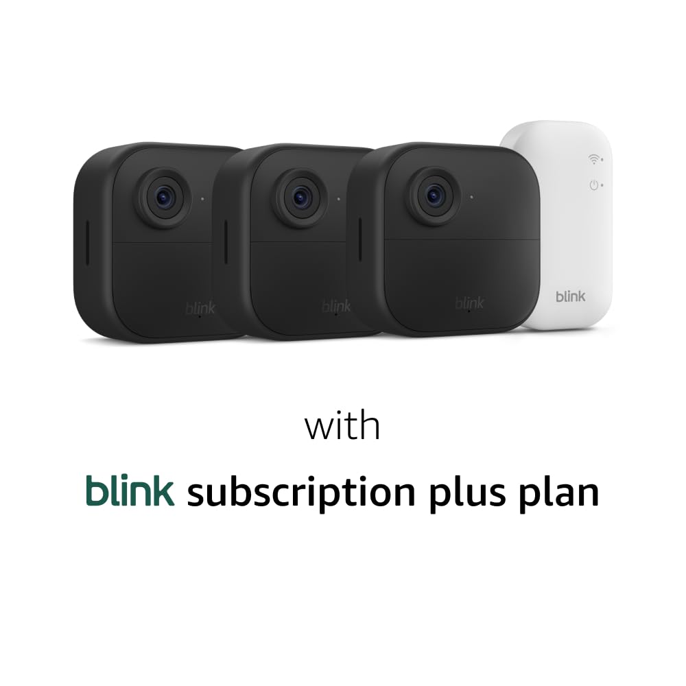 Blink Outdoor 4 (newest model) – Wireless smart security camera, two-year battery life, 1080p HD day and infrared night live view, two-way talk. Sync Module Core included – 3 camera system