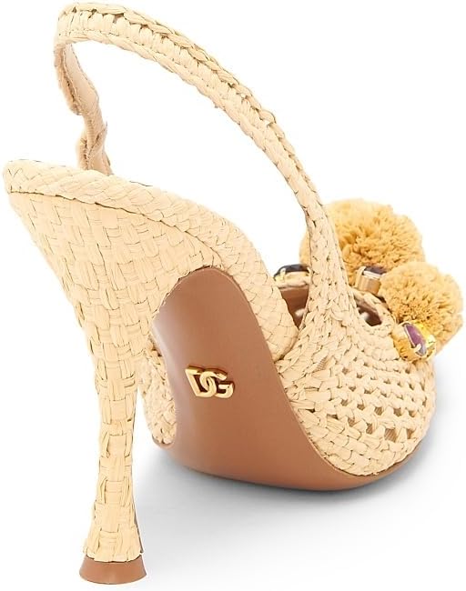 Flower-Detailed Woven Slingback Pumps, 38.5 (8.5), Natural Multicolor