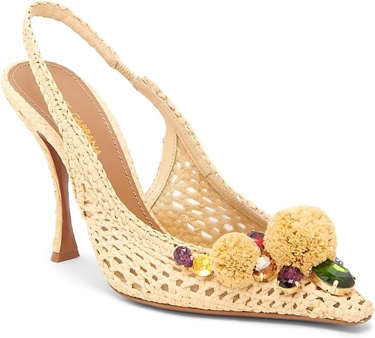 Flower-Detailed Woven Slingback Pumps, 38.5 (8.5), Natural Multicolor