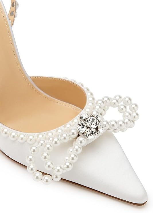 110MM Embellished Double Bow Satin Pumps, 40, White