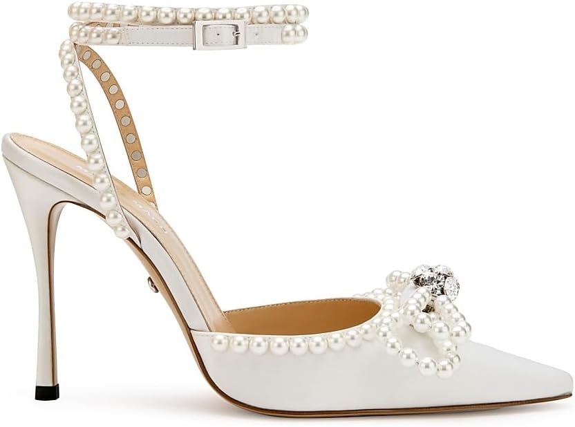 110MM Embellished Double Bow Satin Pumps, 40, White