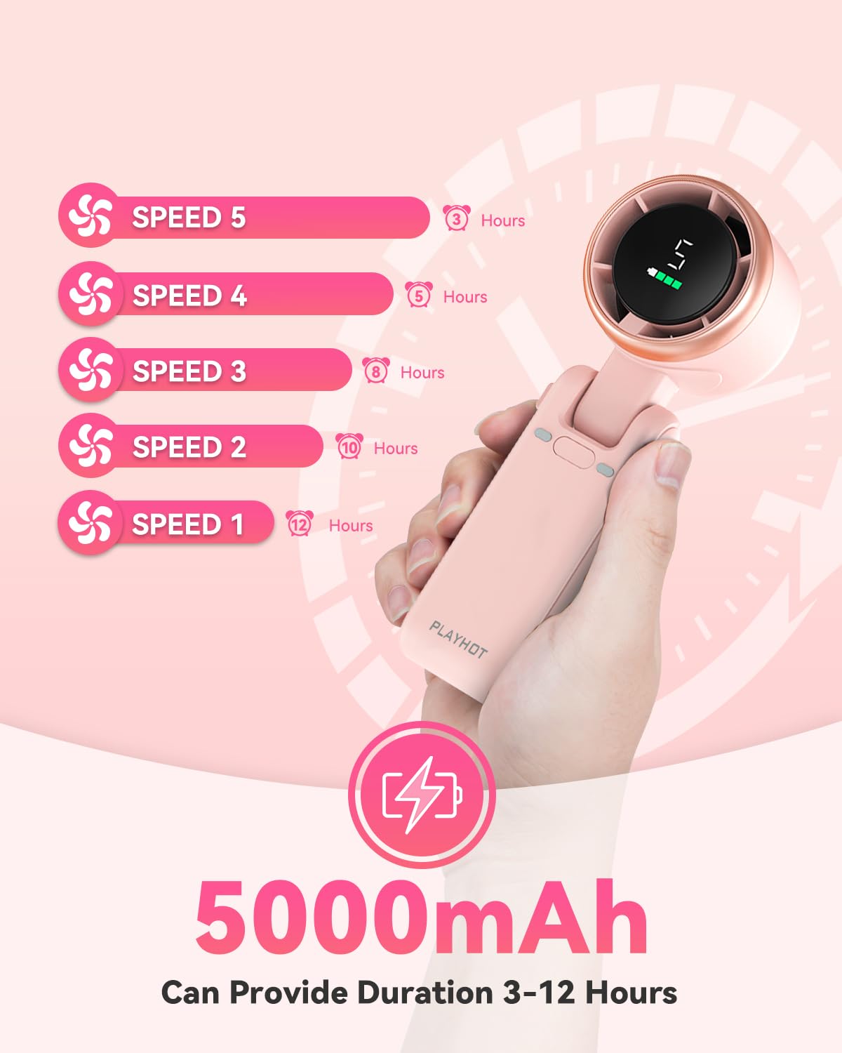 Portable Handheld Turbo Fan, 5 Gear Wind, Battery Operated, Up to 12 Working Hours, 3 IN 1 Hand Fan with Air Turbo Tech Cooling Fan for Outdoor Activities, Travel, Beach (Black)