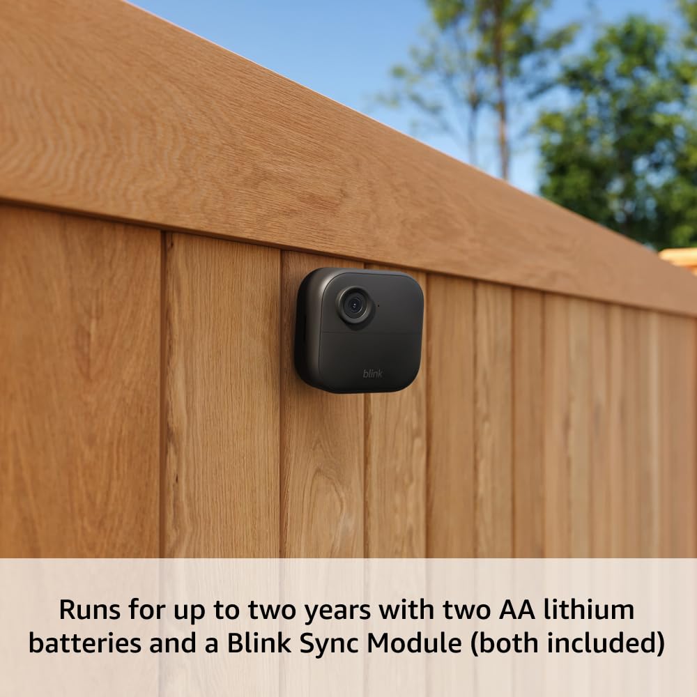 Blink Outdoor 4 (newest model) – Wireless smart security camera, two-year battery life, 1080p HD day and infrared night live view, two-way talk. Sync Module Core included – 3 camera system