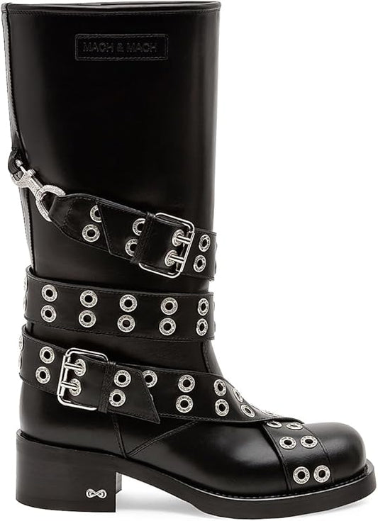 Buckle Vintage Leather Combat Boots, 40 (10), Black