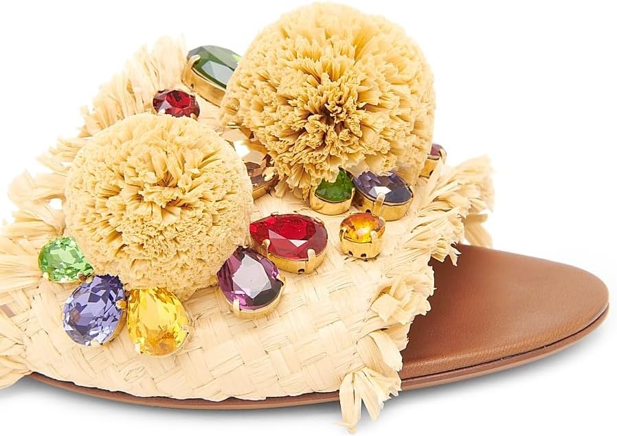 Flower-Detailed Raffia Sandals, 38 (8), Natural Sabbia