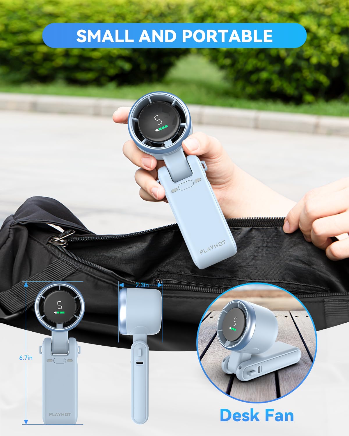 Portable Handheld Turbo Fan, 5 Gear Wind, Battery Operated, Up to 12 Working Hours, 3 IN 1 Hand Fan with Air Turbo Tech Cooling Fan for Outdoor Activities, Travel, Beach (Black)