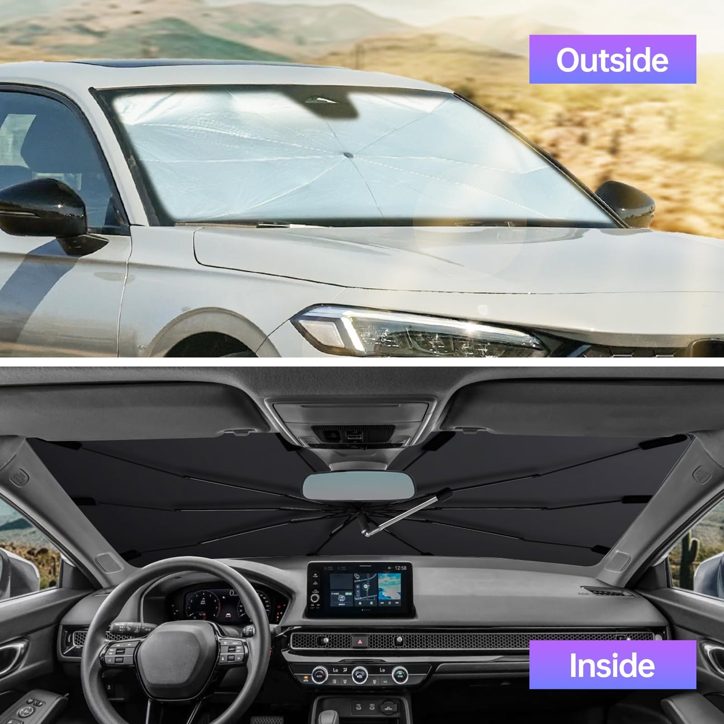 2025 Windshield Sun Shade Umbrella, Foldable Car Umbrella Sunshade with UV Block Car Front Window (Heat Insulation Protection) for Auto Windshield Covers Trucks Cars (Large)