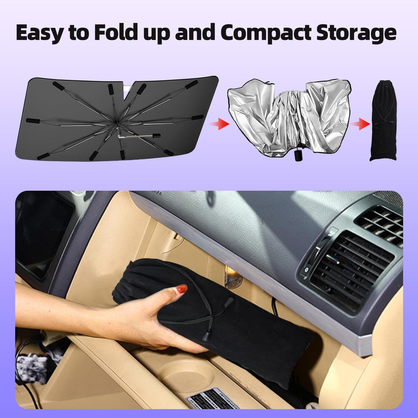 2025 Windshield Sun Shade Umbrella, Foldable Car Umbrella Sunshade with UV Block Car Front Window (Heat Insulation Protection) for Auto Windshield Covers Trucks Cars (Large)