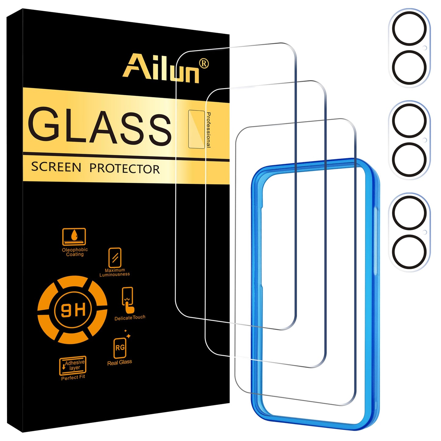 Ailun 5 Pack Screen Protector for iPhone 16 Pro Max [6.9 inch] + 3 Pack Camera Lens Protector with Installation Frame,Sensor Protection,Dynamic Island Compatible,Case Friendly Tempered Glass Film