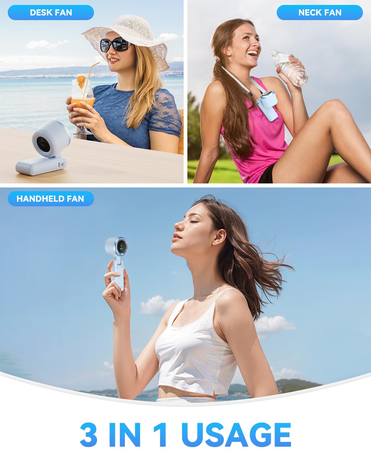 Portable Handheld Turbo Fan, 5 Gear Wind, Battery Operated, Up to 12 Working Hours, 3 IN 1 Hand Fan with Air Turbo Tech Cooling Fan for Outdoor Activities, Travel, Beach (Black)