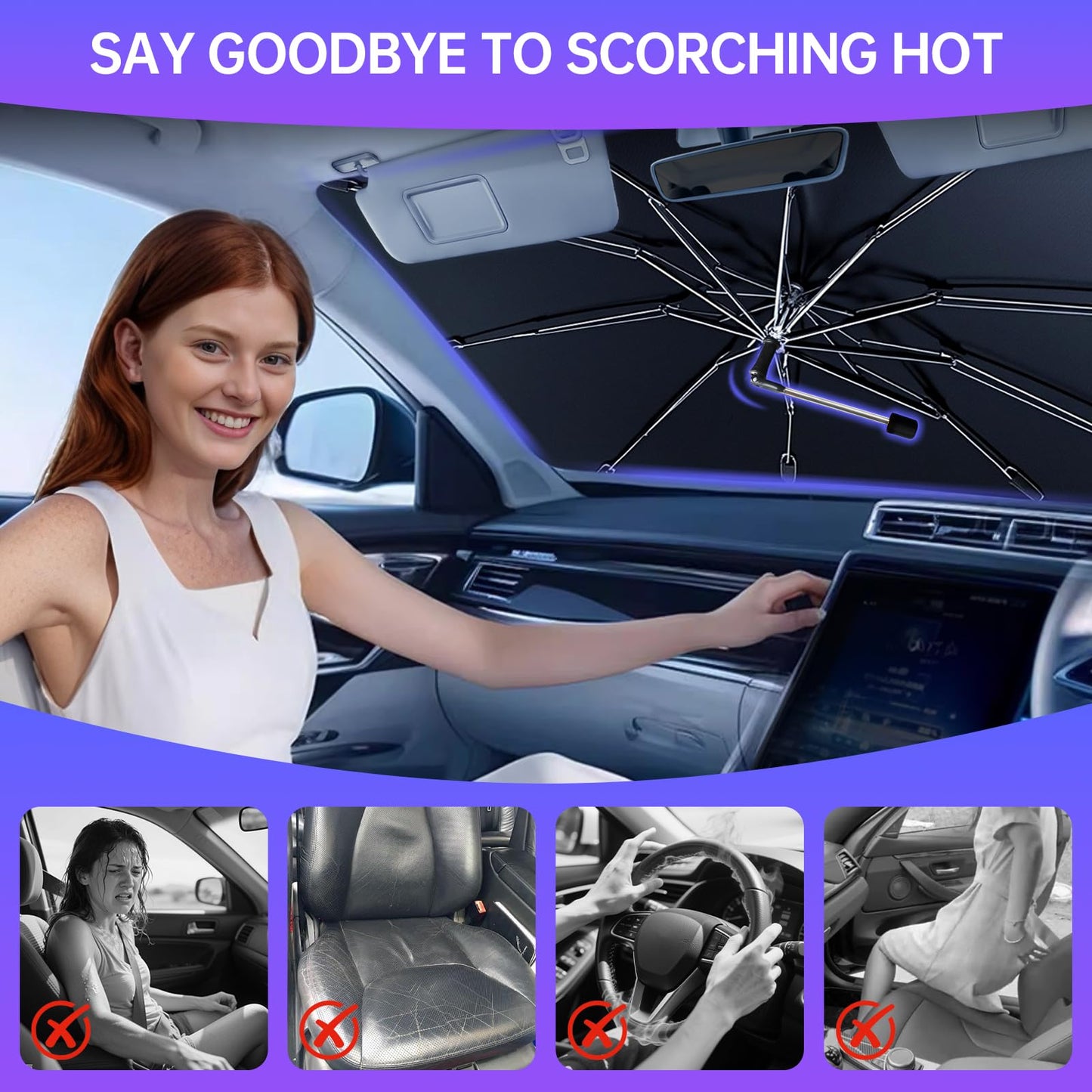2025 Windshield Sun Shade Umbrella, Foldable Car Umbrella Sunshade with UV Block Car Front Window (Heat Insulation Protection) for Auto Windshield Covers Trucks Cars (Large)