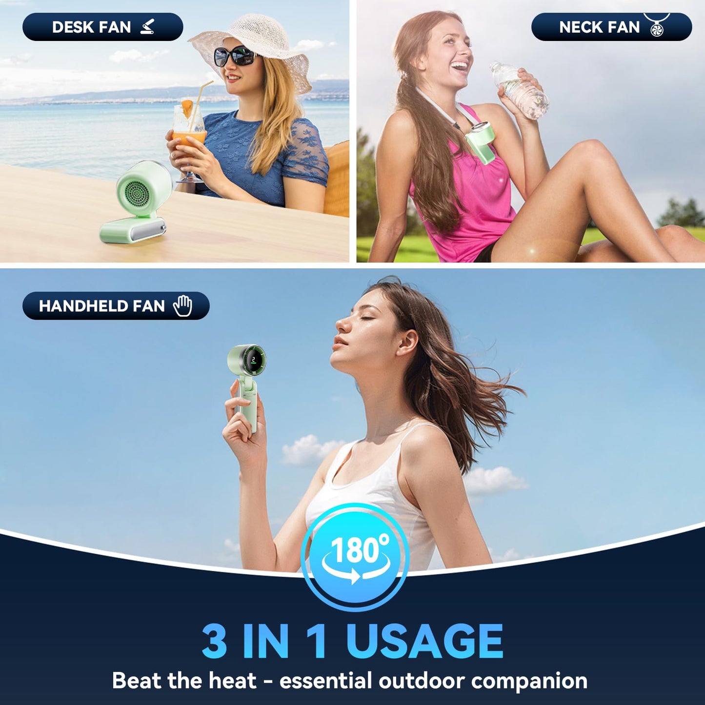 Portable Handheld Turbo Fan, 5 Gear Wind, Battery Operated, Up to 12 Working Hours, 3 IN 1 Hand Fan with Air Turbo Tech Cooling Fan for Outdoor Activities, Travel, Beach (Black)