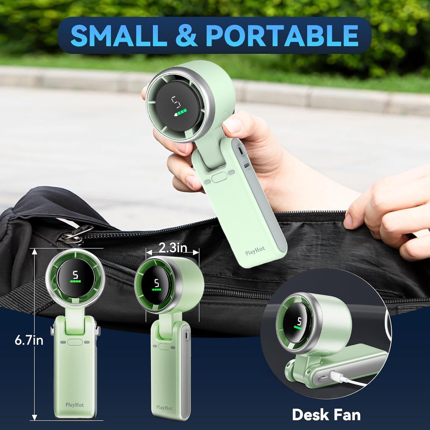 Portable Handheld Turbo Fan, 5 Gear Wind, Battery Operated, Up to 12 Working Hours, 3 IN 1 Hand Fan with Air Turbo Tech Cooling Fan for Outdoor Activities, Travel, Beach (Black)