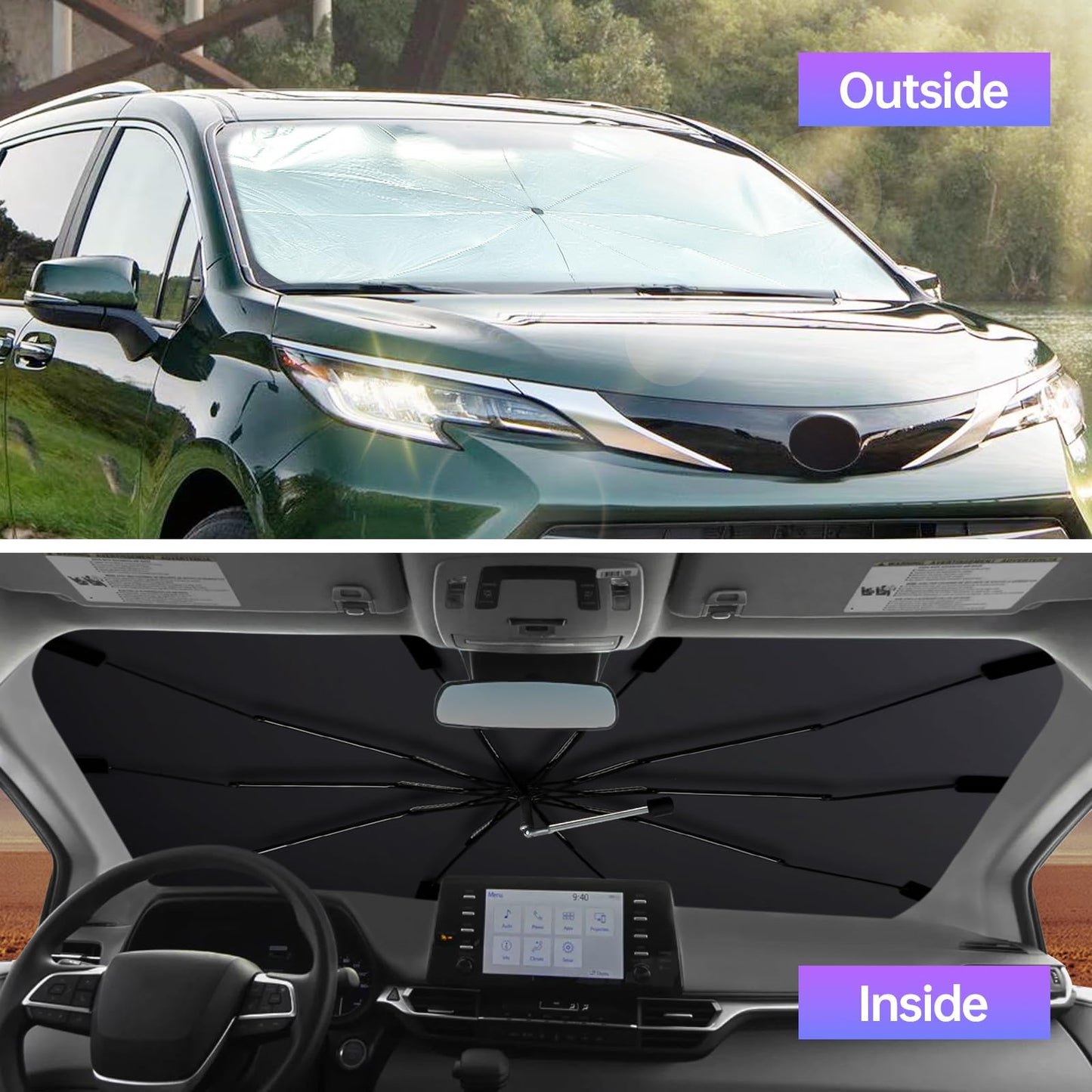 2025 Windshield Sun Shade Umbrella, Foldable Car Umbrella Sunshade with UV Block Car Front Window (Heat Insulation Protection) for Auto Windshield Covers Trucks Cars (Large)