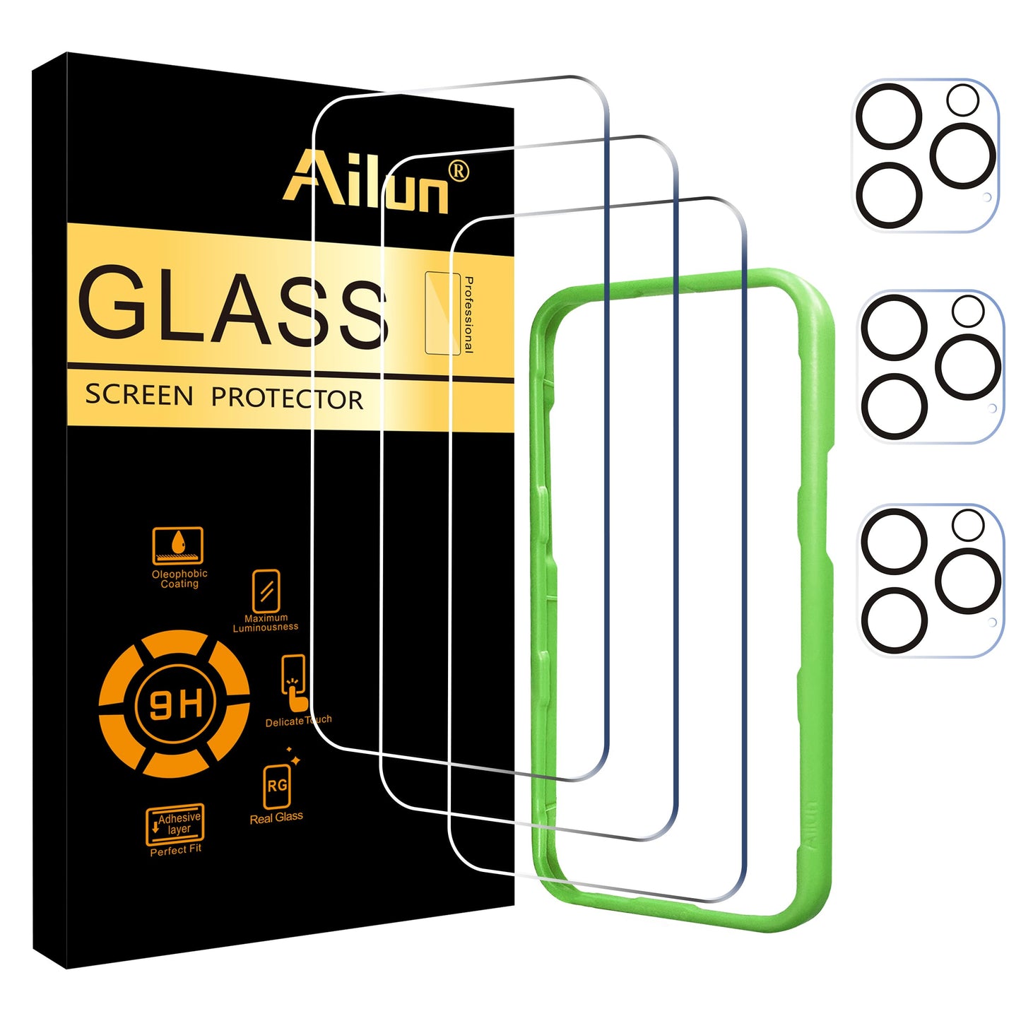 Ailun 5 Pack Screen Protector for iPhone 16 Pro Max [6.9 inch] + 3 Pack Camera Lens Protector with Installation Frame,Sensor Protection,Dynamic Island Compatible,Case Friendly Tempered Glass Film