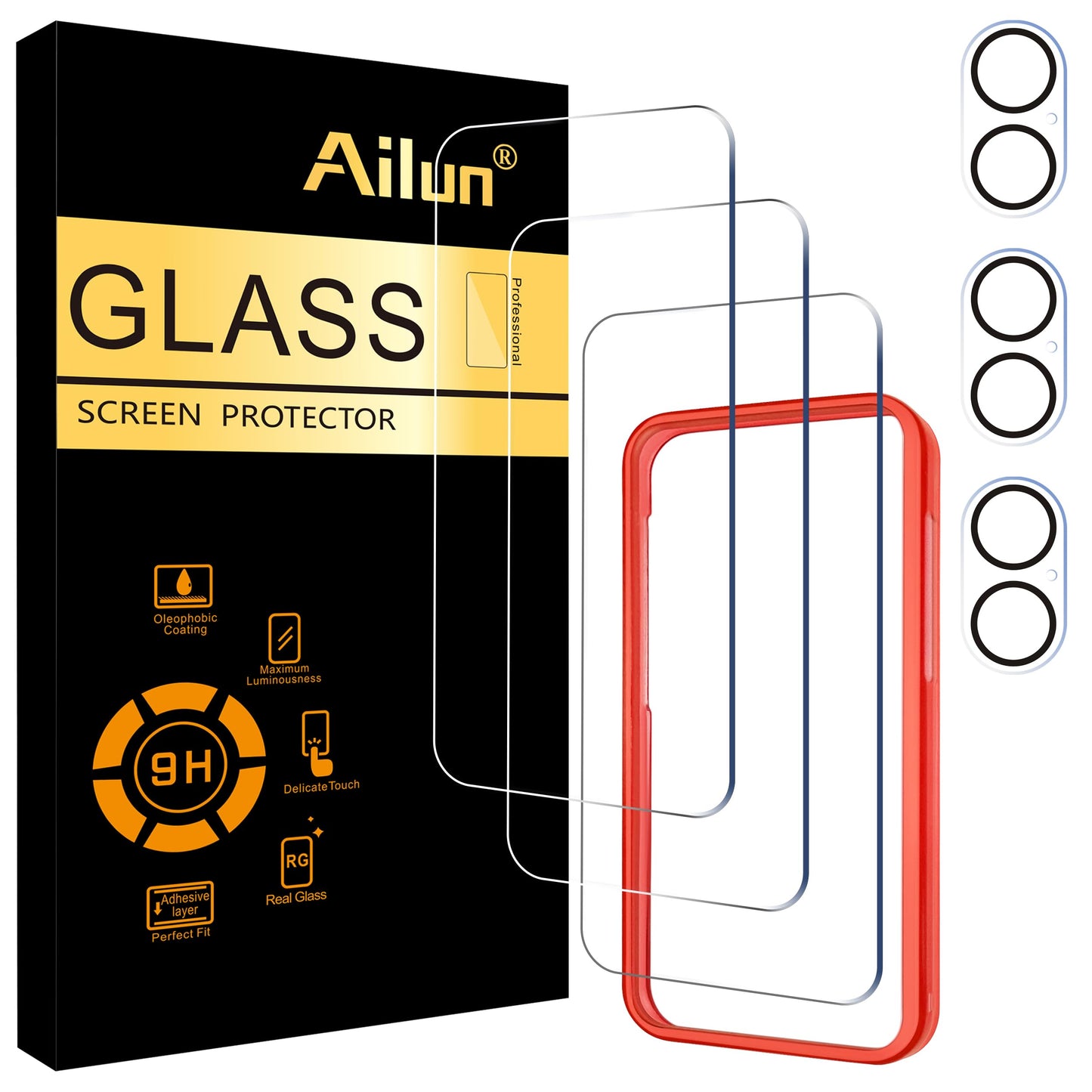 Ailun 5 Pack Screen Protector for iPhone 16 Pro Max [6.9 inch] + 3 Pack Camera Lens Protector with Installation Frame,Sensor Protection,Dynamic Island Compatible,Case Friendly Tempered Glass Film