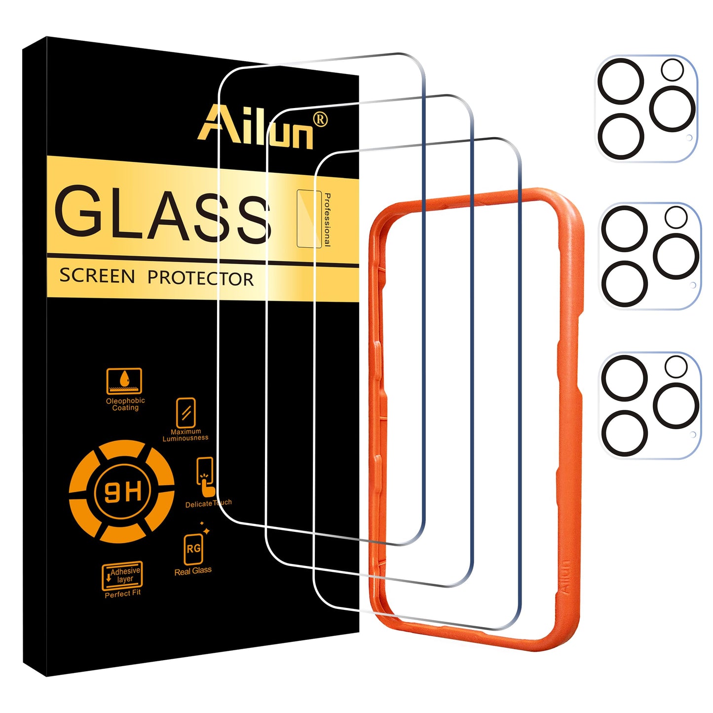 Ailun 5 Pack Screen Protector for iPhone 16 Pro Max [6.9 inch] + 3 Pack Camera Lens Protector with Installation Frame,Sensor Protection,Dynamic Island Compatible,Case Friendly Tempered Glass Film