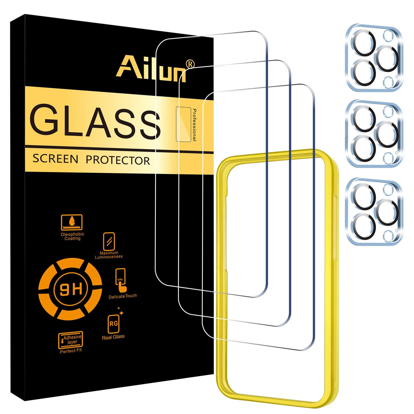 Ailun 5 Pack Screen Protector for iPhone 16 Pro Max [6.9 inch] + 3 Pack Camera Lens Protector with Installation Frame,Sensor Protection,Dynamic Island Compatible,Case Friendly Tempered Glass Film