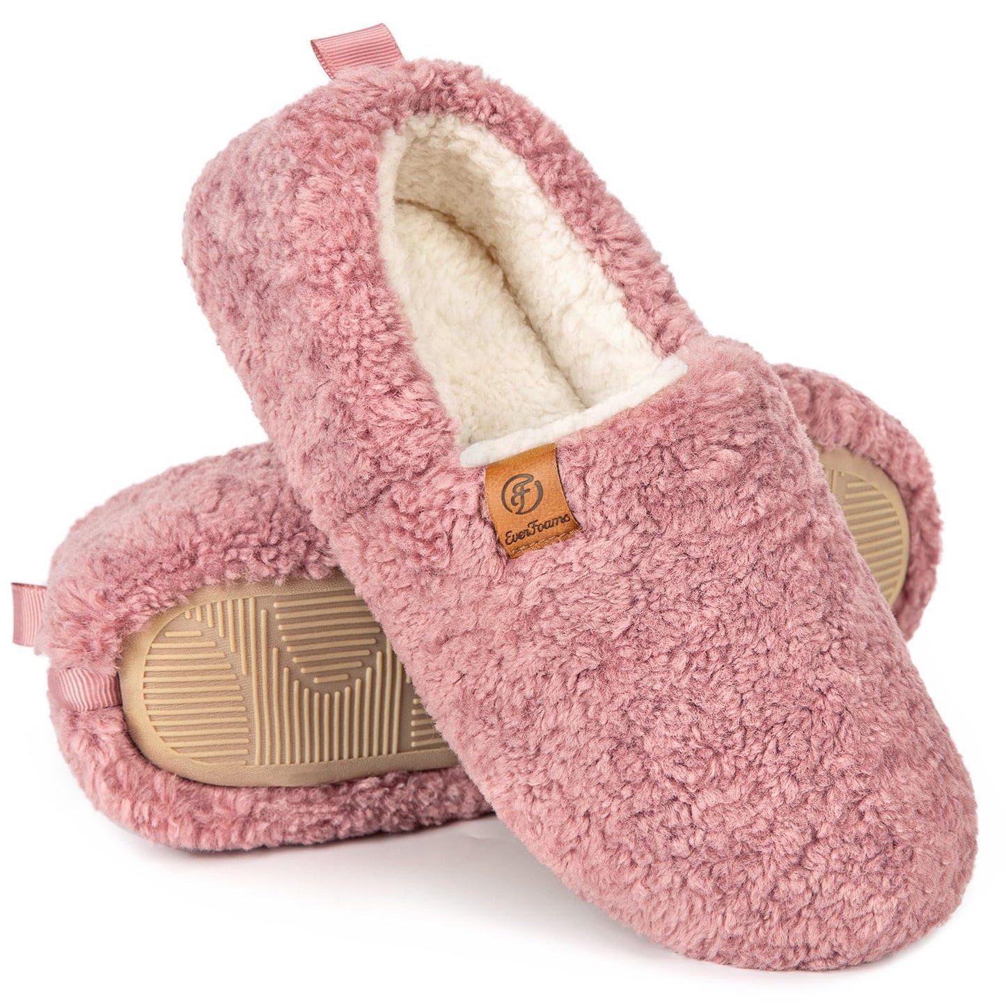 EverFoams Women’s Soft Curly Full Slippers Memory Foam Lightweight House Shoes Cozy Loafer with Polar Fleece Lining