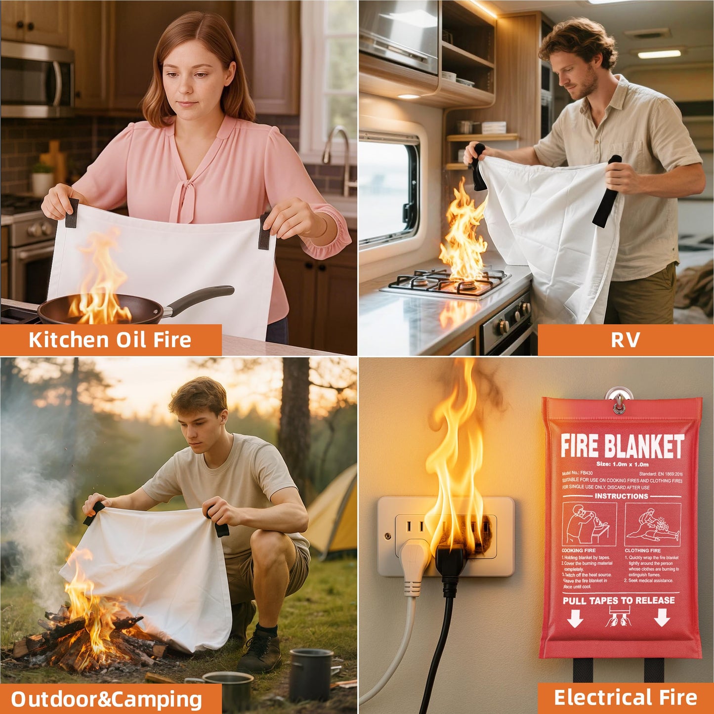 Fire Blanket 4 Pack - 40" x 40" Prepared Emergency Fire Blanket for Home and Kitchen, RV, Grill, Fireplace, Safe & Easy for Young Adults and Elderly Living Alone